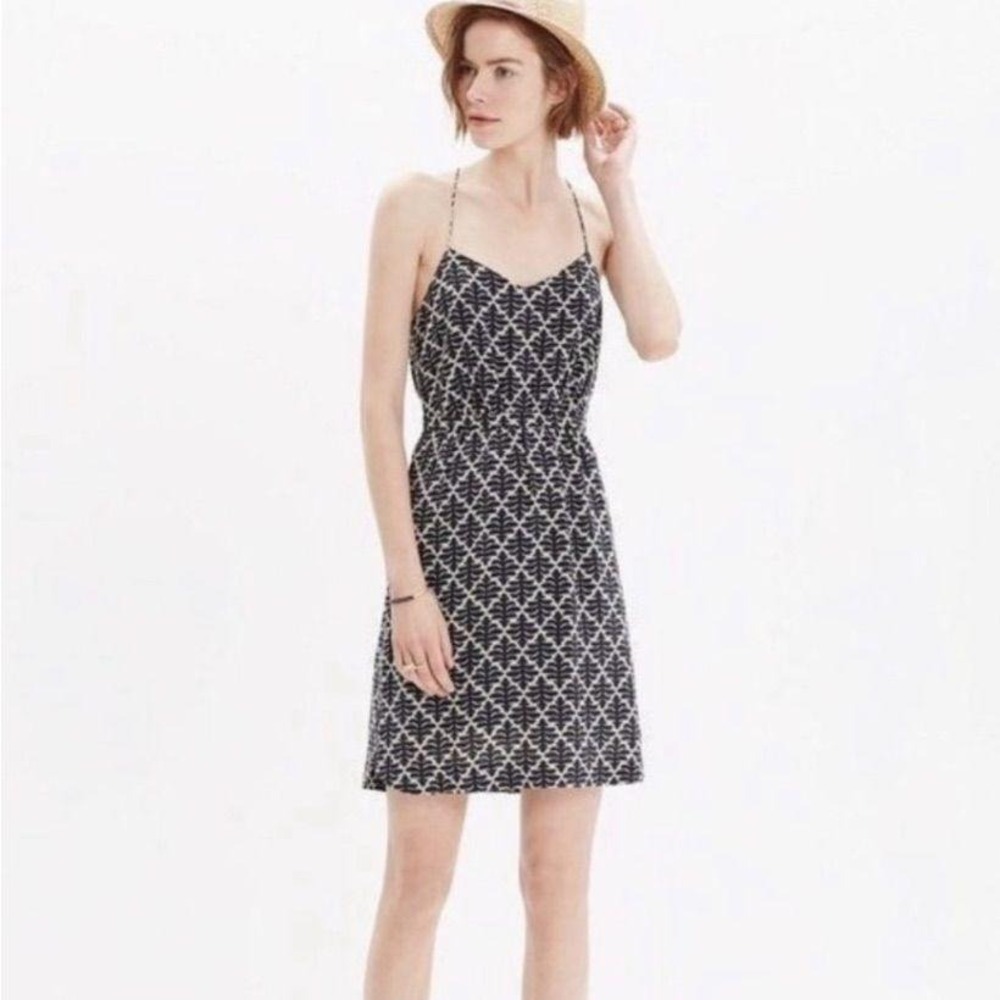Madewell Silk Daylight Dress Size 2 Ikat Bloom Navy Cream Halter Fit Flare - Picture 2 of 15